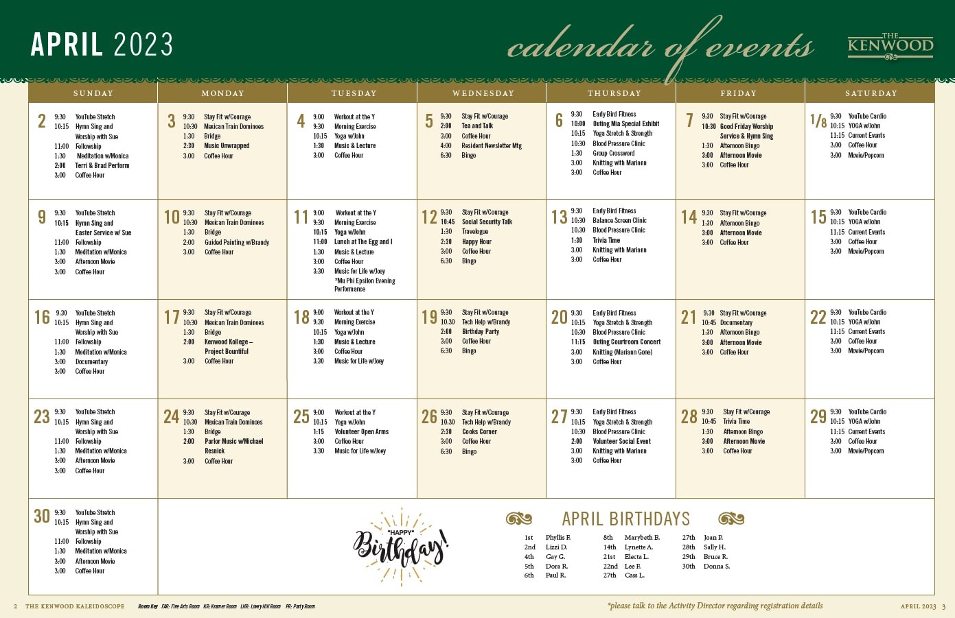 Calendar of Events for Seniors at the Kenwood