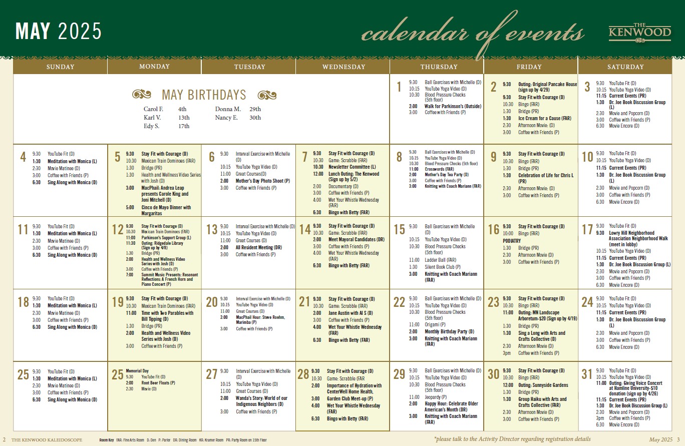 May Events for Seniors at The Kenwood Senior Living Community in Minneapolis